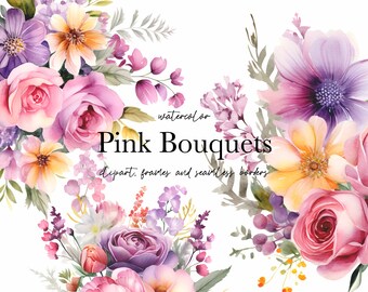 Watercolor Pink Bouquets Clipart: Delicate Floral Elements for Design Projects, Elegant flowers bouquet wedding clipart - Floral clipart PNG