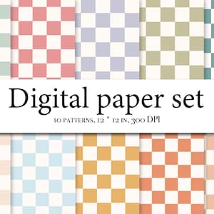 10 Checker Printable Scrapbook Paper, Wzór w kratkę, Szachownica, Gingham, Buffalo Check, Tapeta, Papier do pakowania, Kratka