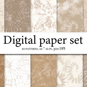 Peut inclure: Un ensemble de 10 papiers numériques avec un motif tie-dye dans des tons beige et blanc. Les motifs mesurent 30,5 cm x 30,5 cm et 300 DPI.