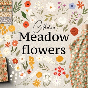 Fleurs sauvages Digital Clipart - Fichiers PNG individuels Logo Elements - Meadow clipart - Flower Digital Papers - Bouquet Floral Frames
