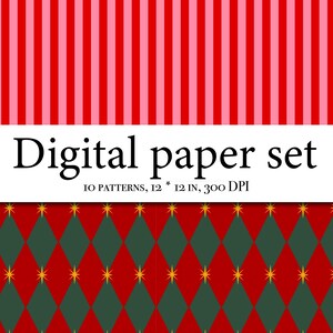 Op de afbeelding: Digitale papier set met diverse patronen. De bovenkant heeft rode en roze verticale strepen. Het midden toont de tekst "Digital paper set" en details. De onderkant toont een rode achtergrond met groene ruitvormen en gouden steraccenten. De set bevat 10 patronen, 30.48 cm x 30.48 cm, 300 DPI.