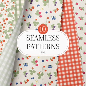 May include: A collection of ten seamless patterns featuring various designs including red strawberries with green leaves, light green gingham, mixed berries, orange gingham, and small pink raspberries on a cream background with text 10 SEAMLESS PATTERNS JPG.
