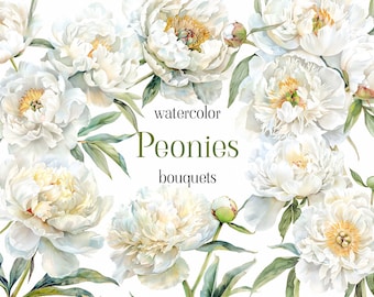 Watercolor Peonies Clipart Set: Frames & Seamless Pattern - Watercolor Floral clipart png - Floral Digital Design Bundle - White Peonies