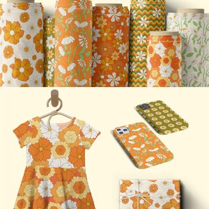 May include: A set of fabric rolls with a retro floral pattern in shades of orange, yellow, and white. The fabric is shown on a dress, phone case, and gift wrap.