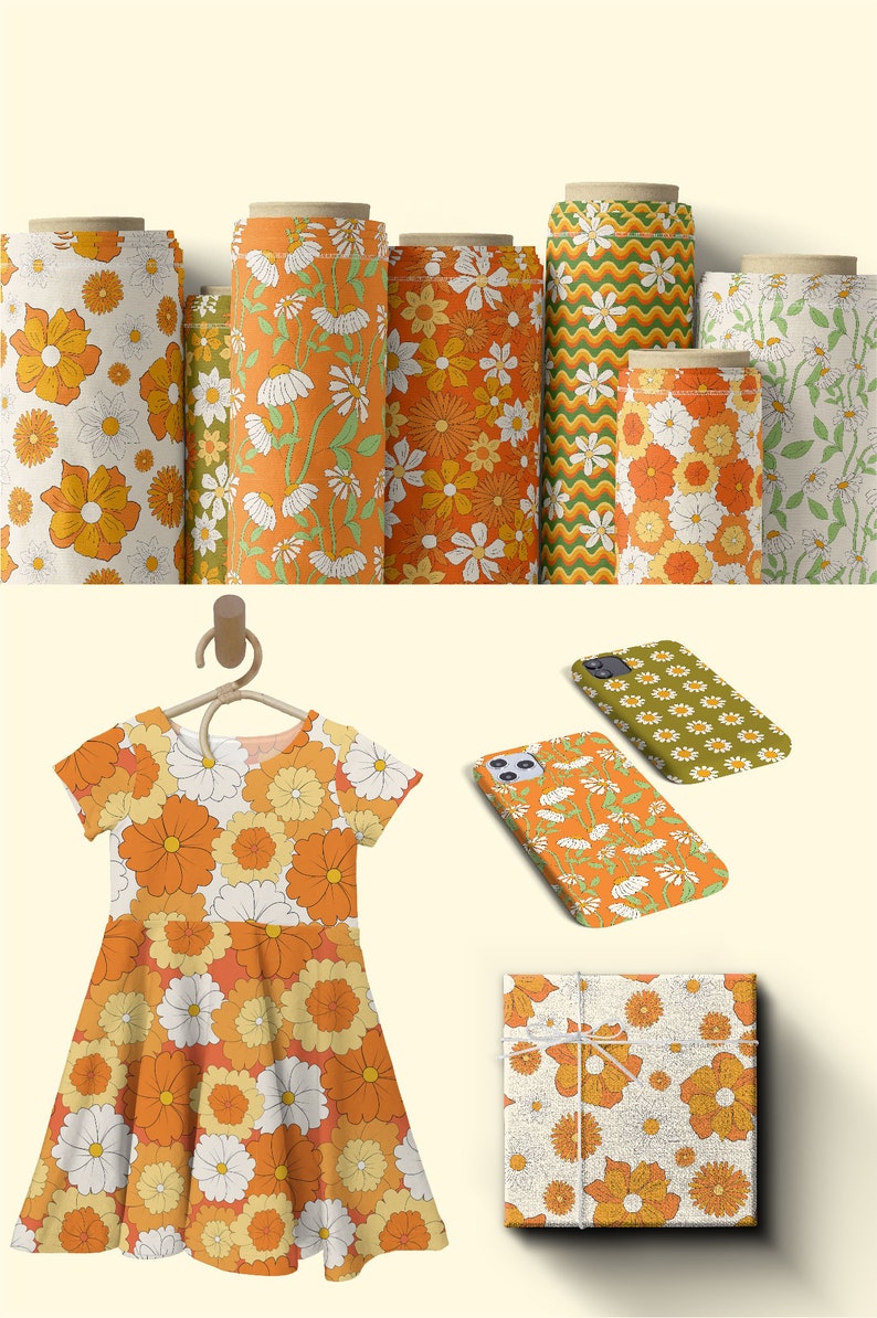 May include: A set of fabric rolls with a retro floral pattern in shades of orange, yellow, and white. The fabric is shown on a dress, phone case, and gift wrap.