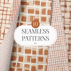 Peut inclure: Une collection de dix motifs sans couture dans des tons de marron, beige et rose. Les motifs comprennent des grilles, des coups de pinceau et des motifs hachurés. L'image contient le texte "10 SEAMLESS PATTERNS JPG".