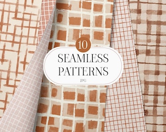 10 Seamless Grid Patterns, Hand Drawn Check Textures, Modern Minimalist Plaid Digital Papers, Neutral Geometric Backgrounds JPG