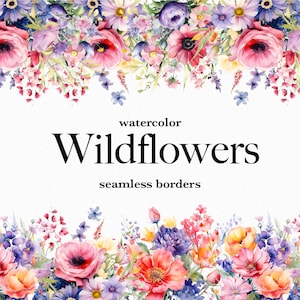 Bellissimi fiori di campo dell'acquerello Seamless Borders Clipart Set - Download digitale istantaneo - Grafica del bordo floreale