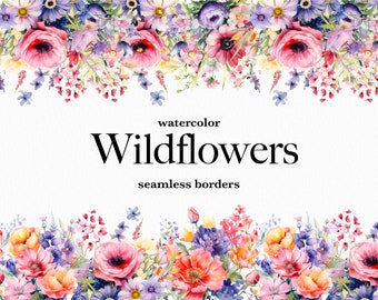 Bellissimi fiori di campo dell'acquerello Seamless Borders Clipart Set - Download digitale istantaneo - Grafica del bordo floreale