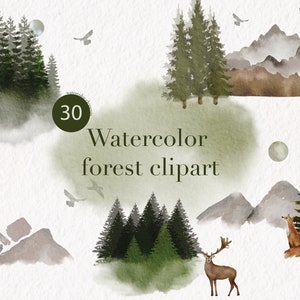 Aquarell Wald Digital Clipart Set - Wald Landschaft Clipart - Florales Element - Aquarell Bäume - Hirsch Berg - Aquarell Kiefer
