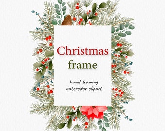 Aquarell Weihnachtscliparts - Weihnachtsrahmen Clip Art - Grußkarten - Einladung - Blumen-Poinsettia-Blumen - Winterblumengrün