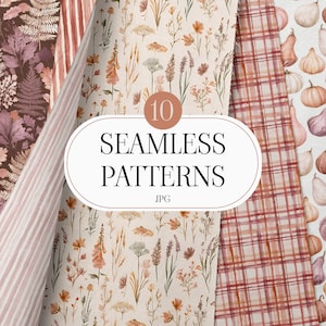 May include: A collection of 10 seamless patterns in JPG format featuring autumn-themed designs. The patterns include dark brown foliage, light pink stripes, delicate wildflowers on a cream background, red plaid, and various pumpkins in shades of orange.