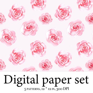 Watercolor Digital Paper Pack, Pink Roses Scrapbook, Roses Seamless ...