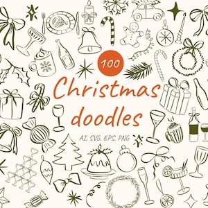 Kerstkrabbels clipartcollectie – handgetekende vakantiepictogrammen in png, svg, eps, ai, vakantieseizoen hand tekenen doodle clipart