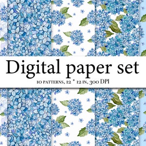 Digitales Aquarellpapier, Hortensien-Sammelalbum, Hortensien-nahtloses Muster, nahtloses Muster Clipart mit Hortensien, floraler Hintergrund