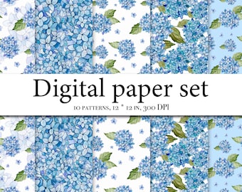 Pacchetto di carta digitale acquerello, album di ortensie, modello senza cuciture di ortensie, clipart senza cuciture con ortensie, sfondo floreale