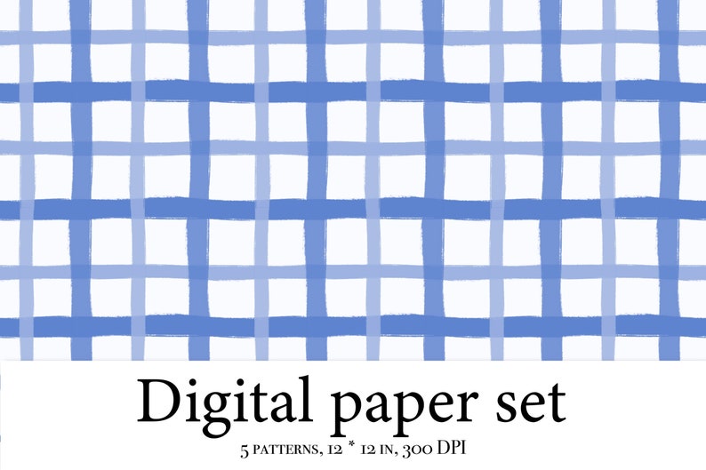 Pu&ograve; includere: Set di carta digitale con 5 motivi a quadri blu e bianchi. Ogni motivo misura 30,5 cm per 30,5 cm e 300 DPI.