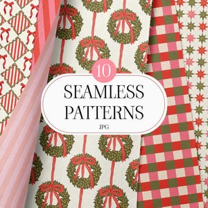 Op de afbeelding: Een verzameling van tien naadloze patronen in verschillende ontwerpen. De patronen omvatten rode linten op een crèmekleurige achtergrond, roze strepen, kerstkransen, rood-roze ruitpatronen en sterpatronen. De tekst "10 SEAMLESS PATTERNS JPG" wordt weergegeven.