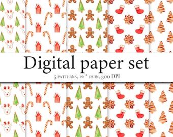 Papel digital de regalo de Navidad de acuarela - Papel de vacaciones de invierno - Elaboración de regalos - Regalo de Navidad de acuarela - Regalo de descarga digital PNG - Patrón