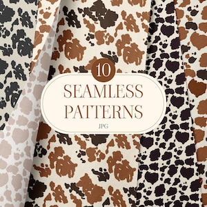 Cow Print Seamless Pattern Bundle – 10 Rustic Animal Print JPGs, Western Boho Backgrounds for Fabric, Scrapbooking & Sublimation Designs