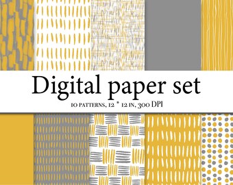 Abstract digital paper, Abstract Fine Line  Digital Paper, Yellow digital paper, Gray digital paper, Abstract seamless pattern, Boho pattern