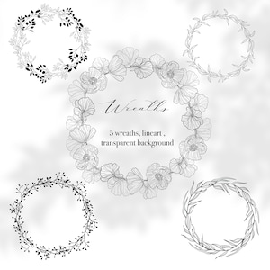 Conjunto de Arte Botânica Linear - Guirlanda de folhagens - Clipart de flores - Clipart de casamento - Clip art de guirlanda de belas artes - Desenhos florais a lápis
