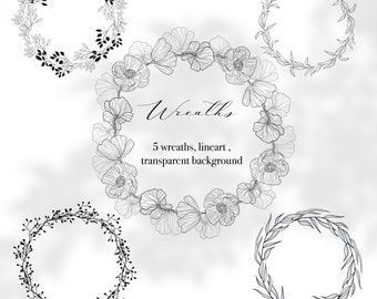 Conjunto de arte lineal botánico: guirnalda de follaje, imágenes prediseñadas de flores, imágenes prediseñadas de bodas, imágenes prediseñadas de coronas de bellas artes, bocetos florales a lápiz
