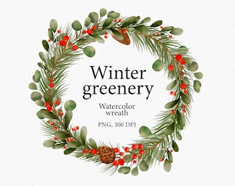 水彩画の冬のリースのクリップアート - 手描きのクリスマスデザイン