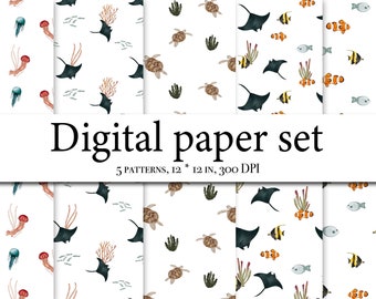 Digitalt papper för undervattensmönster - Sömlöst digitalt papper - Digitalt papper för hav - Digitalt papper för barn - Sömlösa ytmönster - Tygdesign