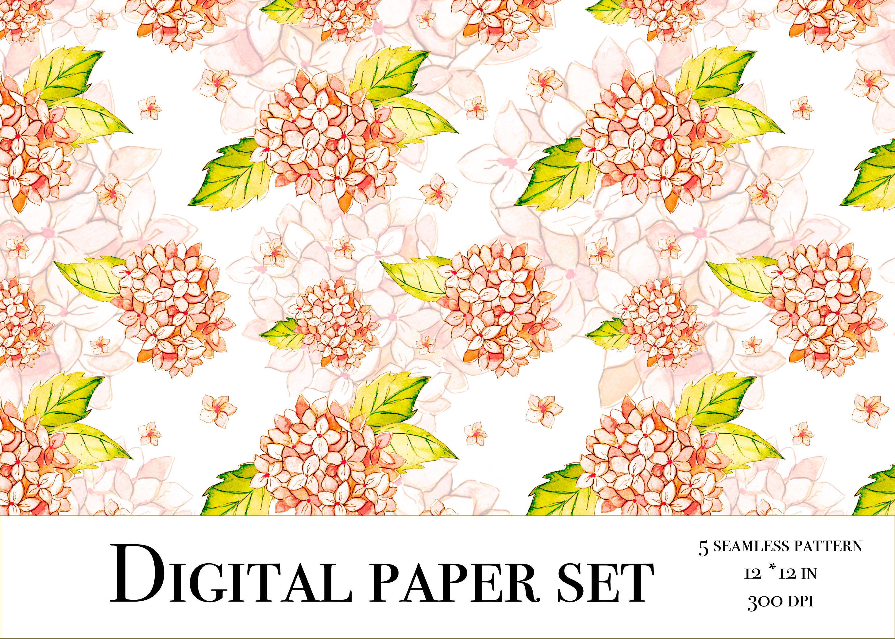 Watercolor Digital Paper Pack, Hydrangea Scrapbook, Hydrangea Seamless ...