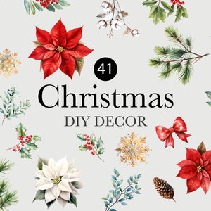 Winter Watercolor Clipart - Christmas Flowers - Pine Clipart- Poinsettia - Christmas Clipart - Winter Clipart - Winter Flowers - Berries