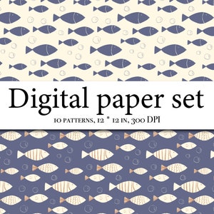 May include: A digital paper set with 10 patterns featuring a repeating design of blue and white fish with white bubbles on a light yellow background. The text "Digital paper set" and "10 patterns, 12 * 12 in, 300 DPI" is displayed on a white banner.