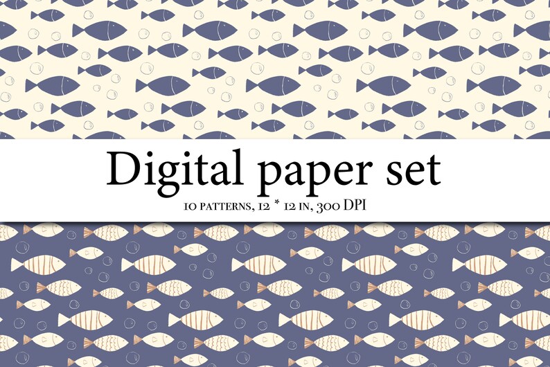 May include: A digital paper set with 10 patterns featuring a repeating design of blue and white fish with white bubbles on a light yellow background. The text "Digital paper set" and "10 patterns, 12 * 12 in, 300 DPI" is displayed on a white banner.