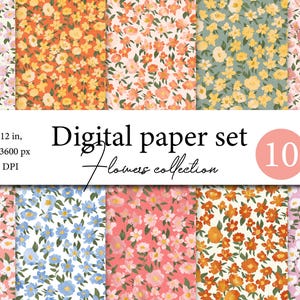 May include: A digital paper set featuring ten floral patterns in various colors, including pink, orange, blue, and yellow. The set includes the text "Digital paper set Flowers collection 10" and the dimensions 12 x 12 inches, 3600 x 3600 px, and 300 DPI.