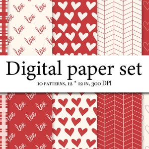 Scrapbooking digital do Dia dos Namorados, 10 papéis digitais sem costura de corações de namorados, fundos de coração, papel digital de namorados