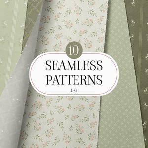Peut inclure: Une collection de dix motifs sans couture dans diverses nuances de vert sauge et olive, présentant des motifs floraux, des rayures et des designs géométriques. Une étiquette blanche centrale affiche le texte 10 SEAMLESS PATTERNS JPG en noir et vert.