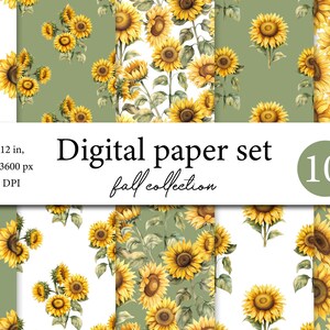 Boho sunflower digital paper, Sunflower seamless pattern for fabric, Yellow floral seamless pattern for digital scrapbooking 017