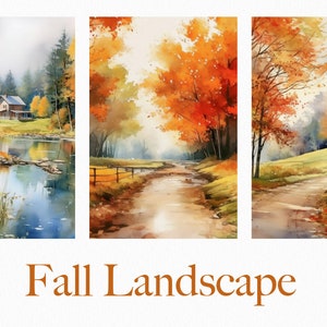 May include: Three watercolor paintings depicting fall landscapes. The first painting shows a house by a pond with fall foliage reflected in the water. The second painting shows a path through a forest with fall foliage. The third painting shows a house on a hill with a path leading up to it.