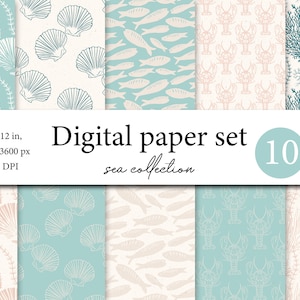 Papel digital marino-Océano submarino - Papel digital de cangrejo - Faro - Patrones de superficie sin costuras - Diseño de tela - Papel de álbum de recortes