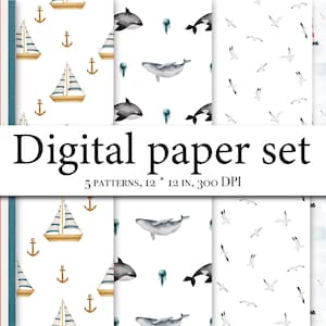Meer Digitales Papier-Unterwasser Ozean - Boot Aquarelle - Leuchtturm - Nahtlose Oberflächenmuster - Stoff Design - Scrapbook Papier