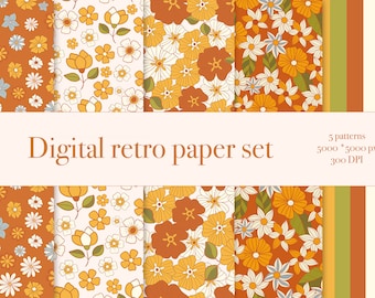 Retro 70s 60s - Floral Hippie Summer- Groovy Flower - Power Flower - Paquete de papel digital imprimible para niños - Patrón sin costuras - Papel de álbum de recortes