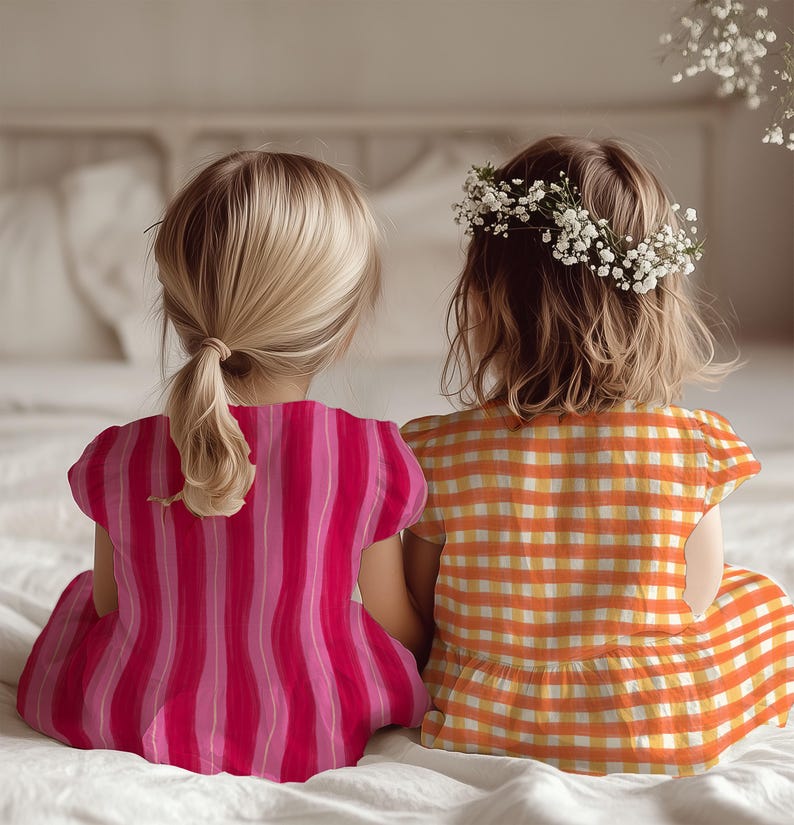 May include: Two young children sit side-by-side on a white surface, viewed from the back. One wears a pink and red striped dress, the other an orange and yellow checkered dress and a floral crown. The scene is soft and light.