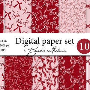 Ensemble de papier numérique élégant avec noeud rouge et rose - Ensemble de papier numérique Joy des fêtes - Motifs sans couture de noeud rouge - Paquet de papier numérique de noeuds rouges