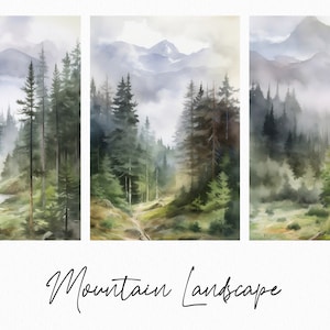 Aquarel berg clipart - aquarel bos natuur landschap achtergrond - herfst achtergrond - bos herfst bomen clipart - digitale papers set