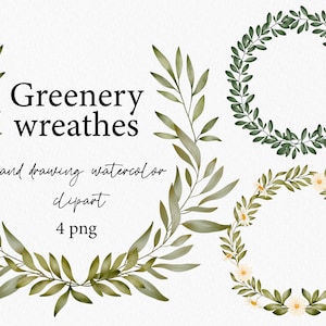 Greenery Leaves Clipart Watercolor Summer Wreath Clip Art  Leaves Branches Foliage Wreath Border Branches Flowers Frame Wedding PNG