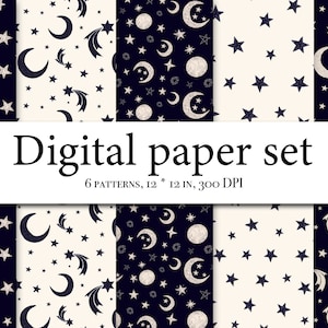 Papéis digitais espaciais - Papéis de scrapbook - Padrões sem costura de estrela do zodíaco da galáxia celestial - Papel digital infantil - Conjunto de papel para impressão - Estrelas