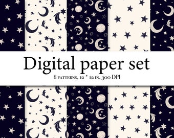 Space Digital Papers - Scrapbook Papers -Celestial  Galaxy Zodiac Star Seamless Patterns - Kids Digital Paper - Printable Paper Set - Stars