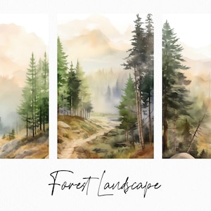 Clipart de bosque en acuarela - Fondo de paisaje natural de bosque en acuarela - Fondo de otoño - Clipart de árboles de otoño del bosque - Conjunto de papeles digitales