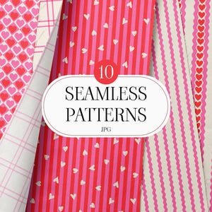 以下が含まれることがあります： 赤とピンクの色合いの10種類のシームレスパターン。ハート、ストライプ、チェック柄のデザインが含まれています。「10 SEAMLESS PATTERNS」というテキストが白い楕円形で表示されています。