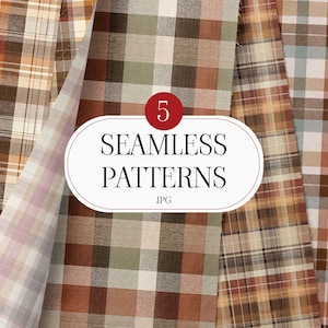 Puede incluir: Presentación de cinco patrones de cuadros sin costuras en tonos marrón, beige y verde, mostrados como muestras de tela. La imagen incluye el texto "5 SEAMLESS PATTERNS JPG" en un óvalo blanco.